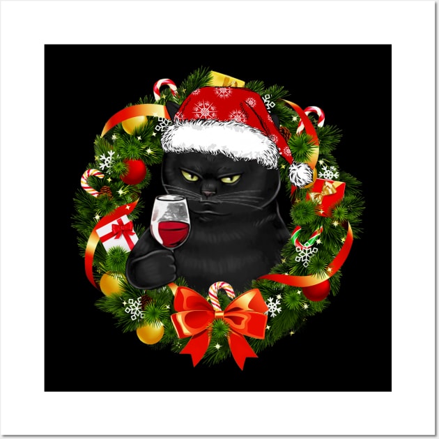 Funny Black Cat And Wine Christmas Wreath Ornament Wall Art by Magazine